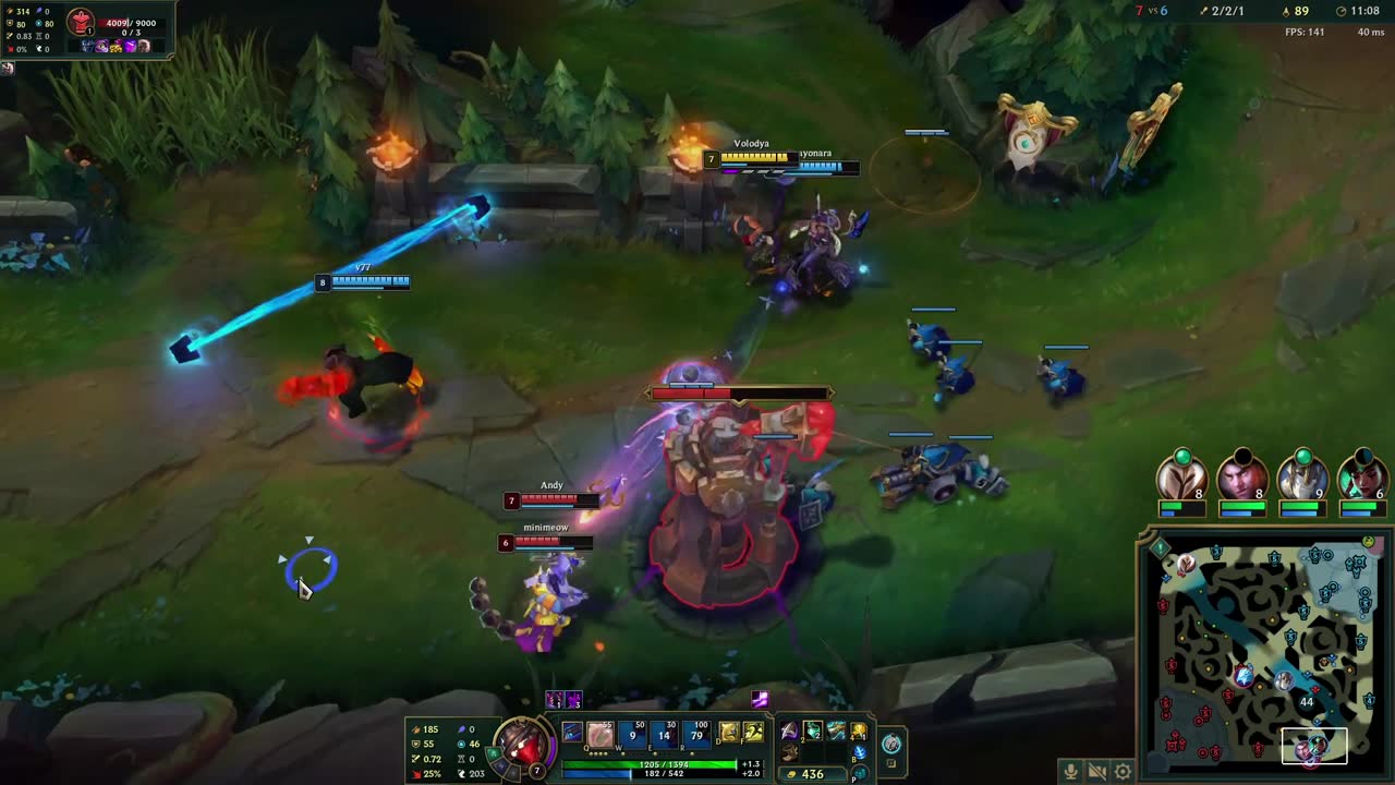 A frozen League of Legends teamfight: Jhin near a tower with enemies closing in